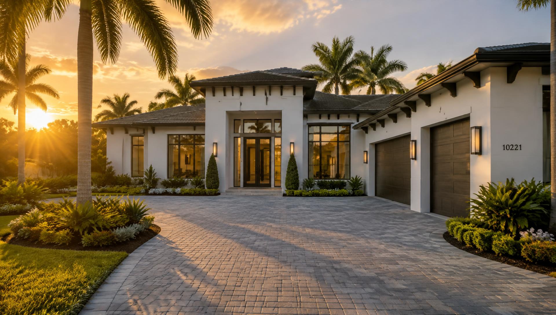 Completed South Florida home exterior with paver driveway at golden hour